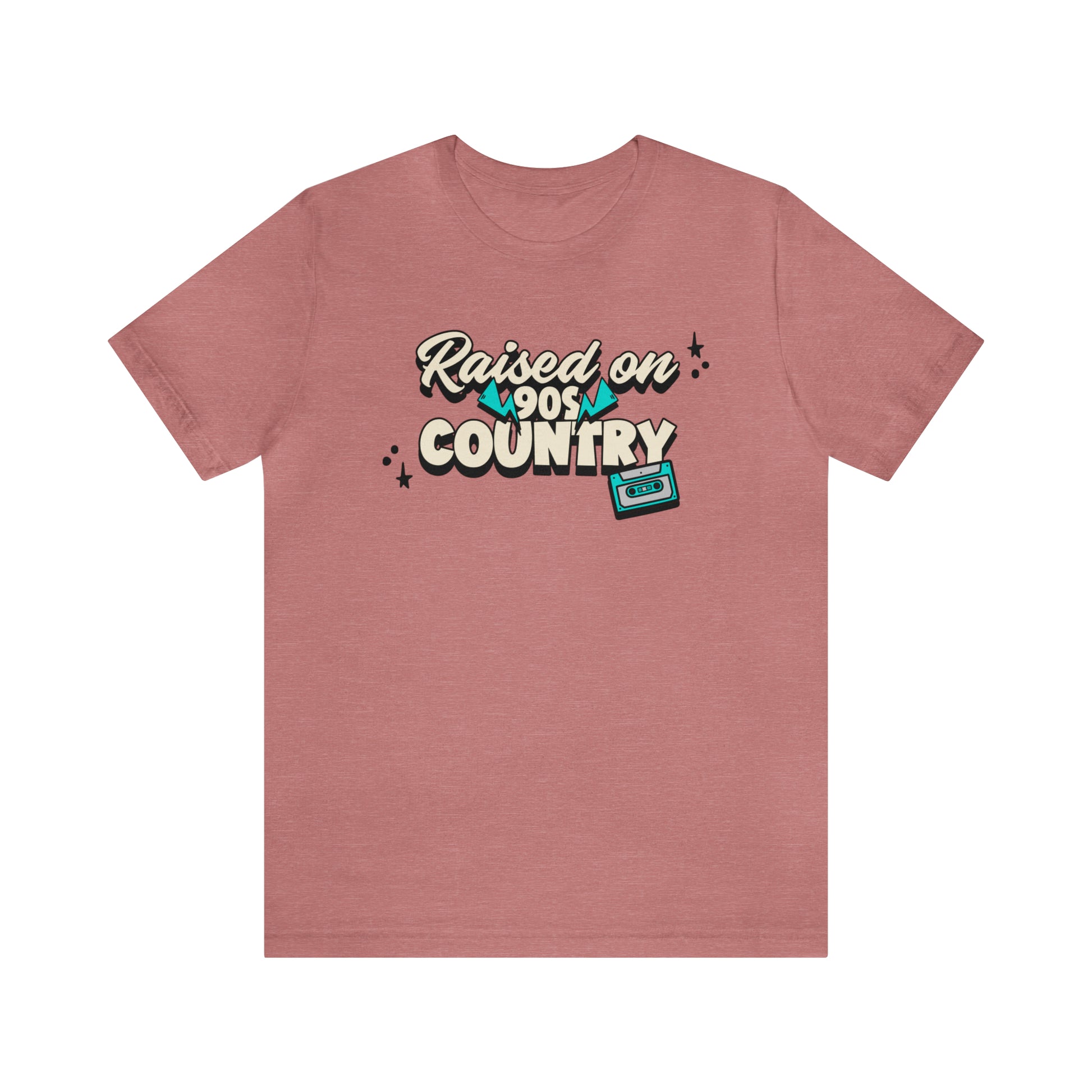 "raised on 90s country" t-shirt in the color heather mauve.
