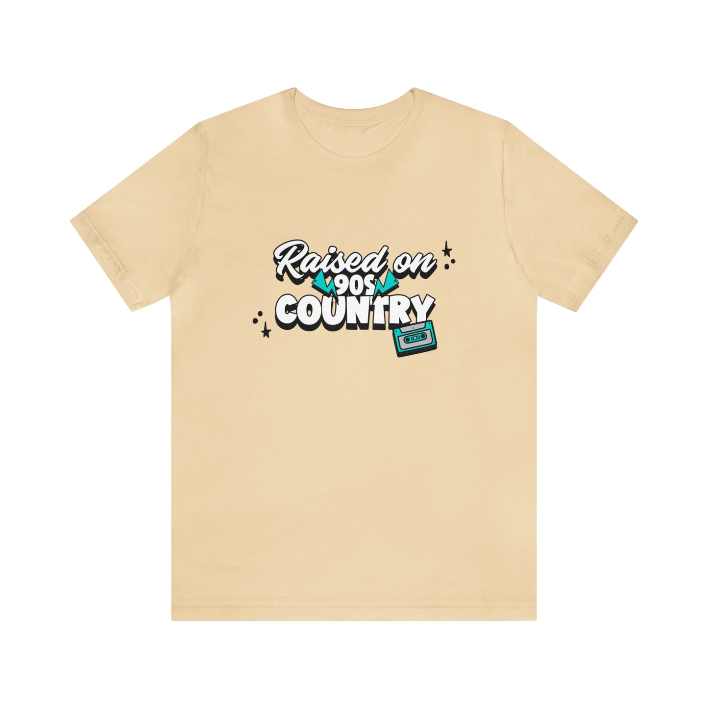 "raised on 90s country" t-shirt in the color soft cream