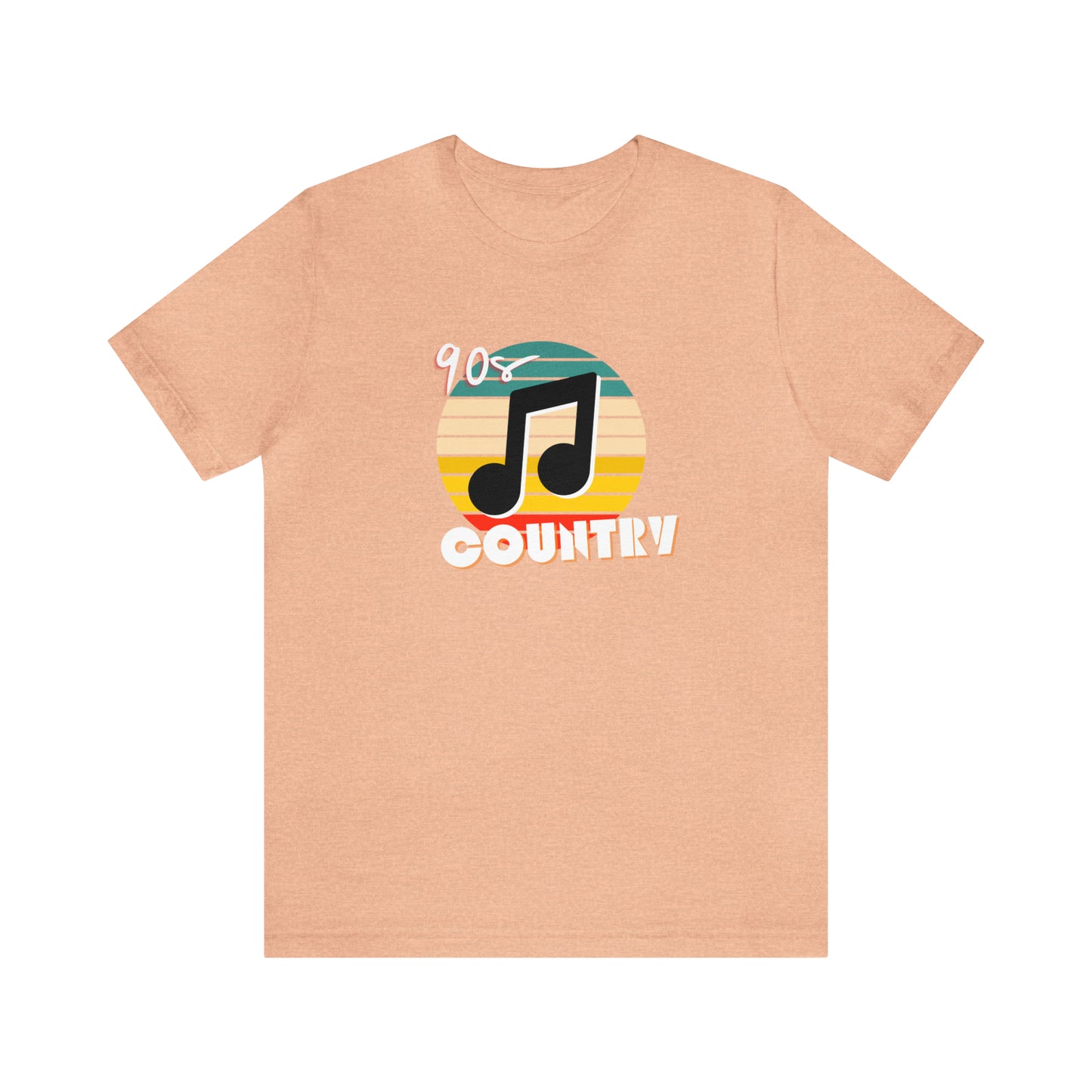 Peach colored tshirt that says "90s country" with a music note and colorful background