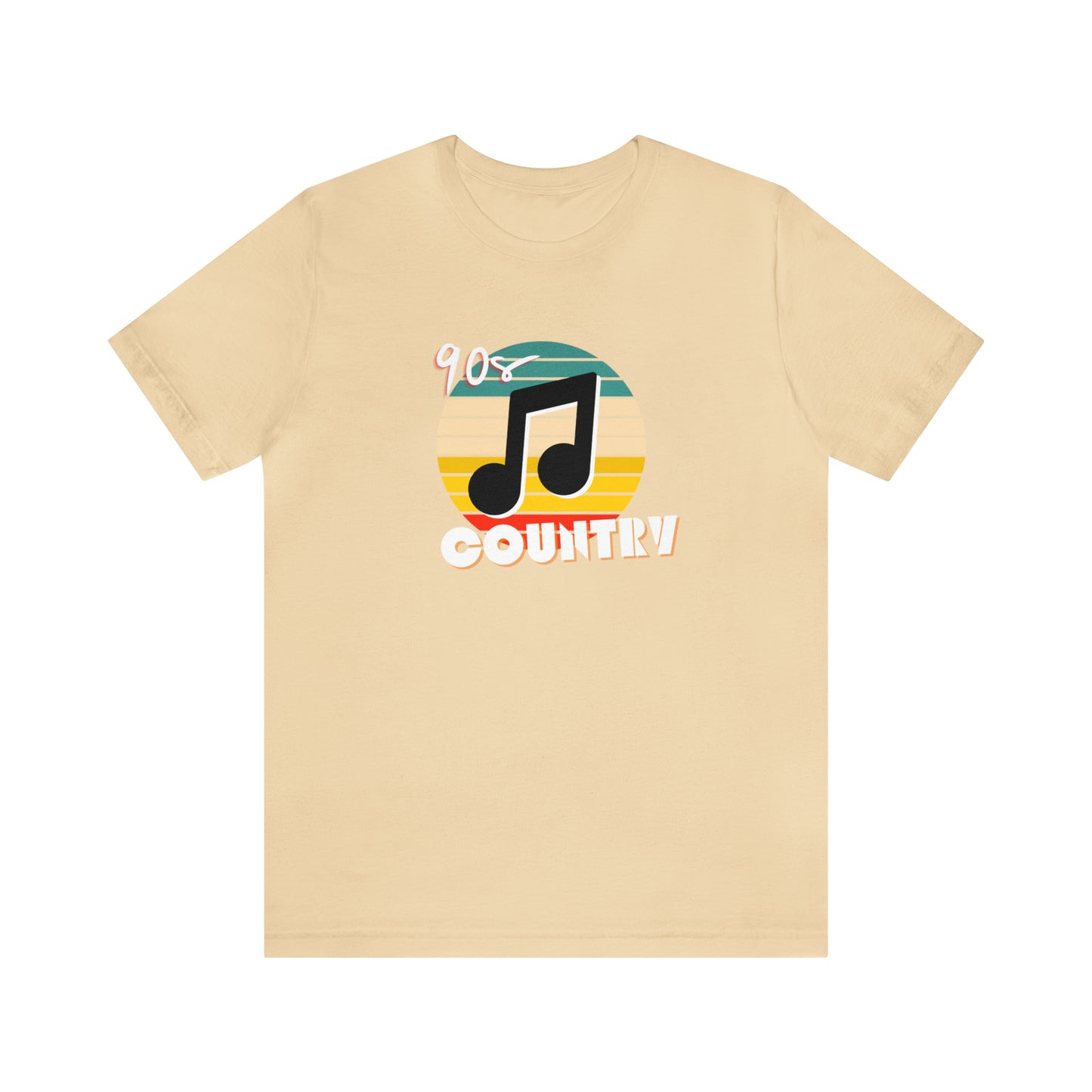 cream colored tshirt that says "90s country" with a music note and colorful background