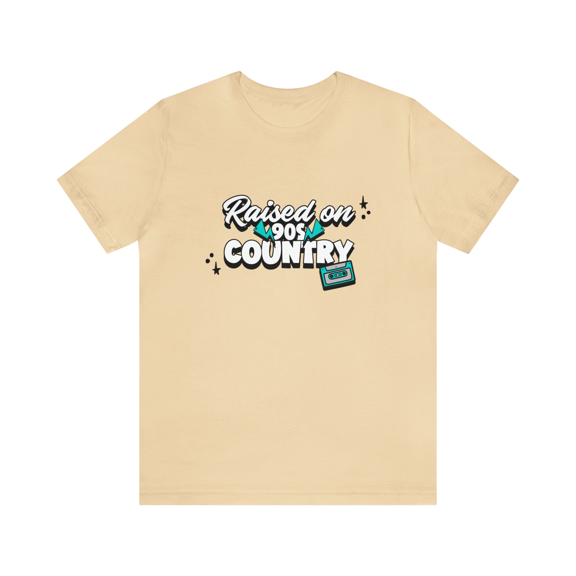 "raised on 90s country" t-shirt in the color soft cream