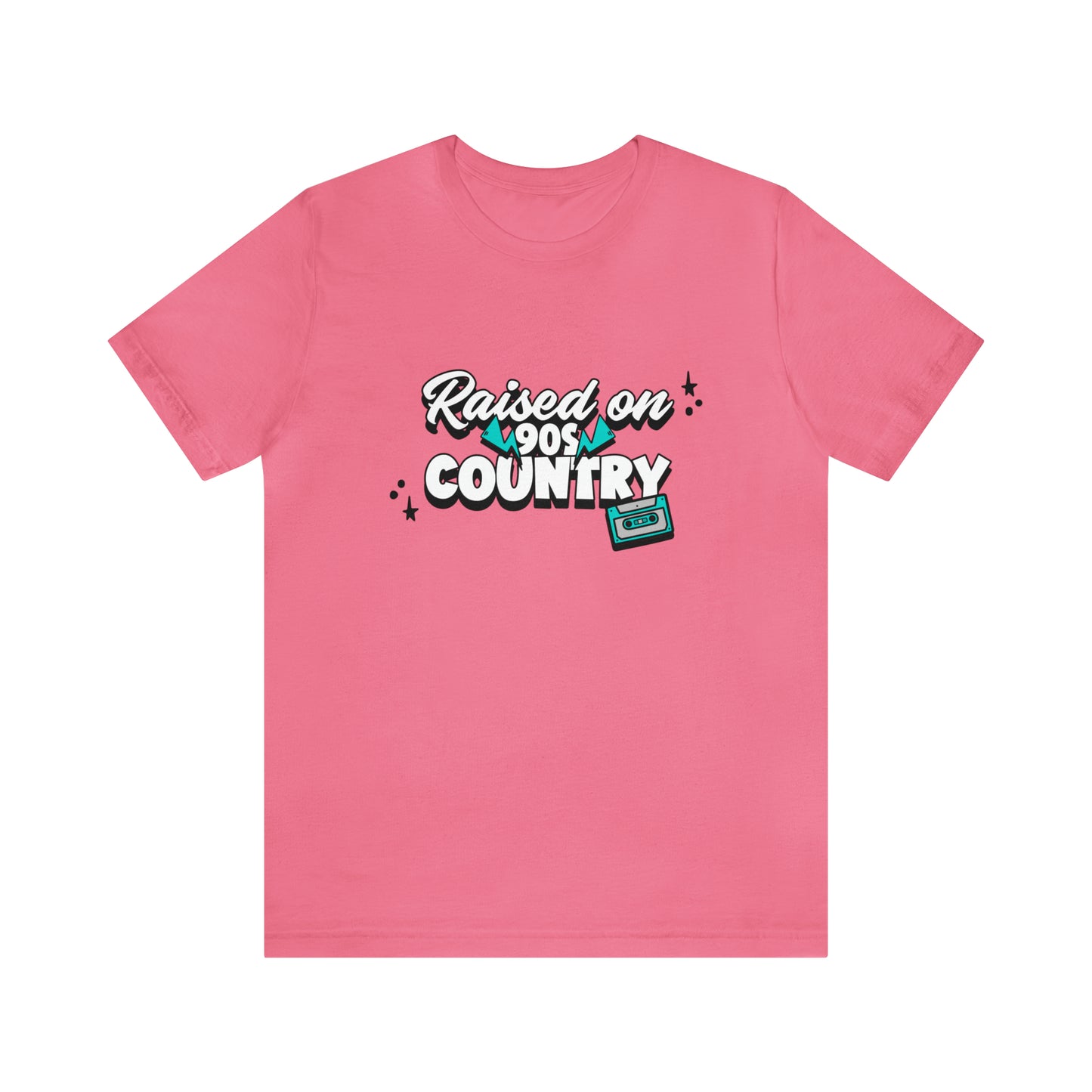 "raised on 90s country" t-shirt in the color charity pink