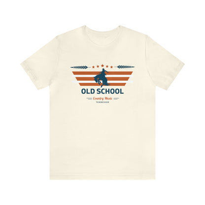  t-shirt with "old school country" on it in the color natural.