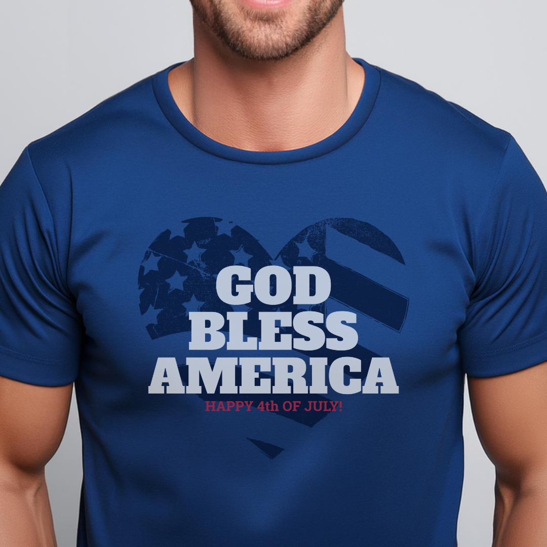 Man wearing "God Bless America" t-shirt in royal blue