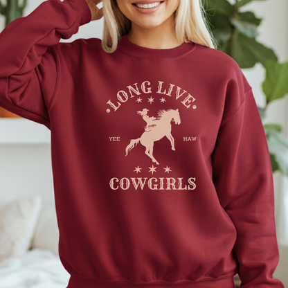 Woman wearing a Long Live Cowgirls Sweatshirt Mockup in Crimson