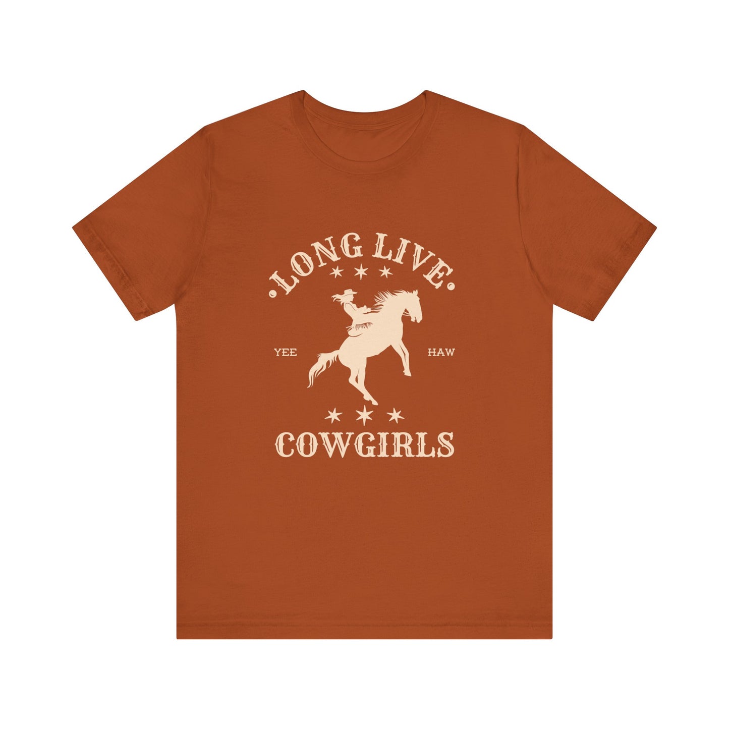 t-shirt with "long live cowgirls" and a cowgirl on a horse in the color autumn