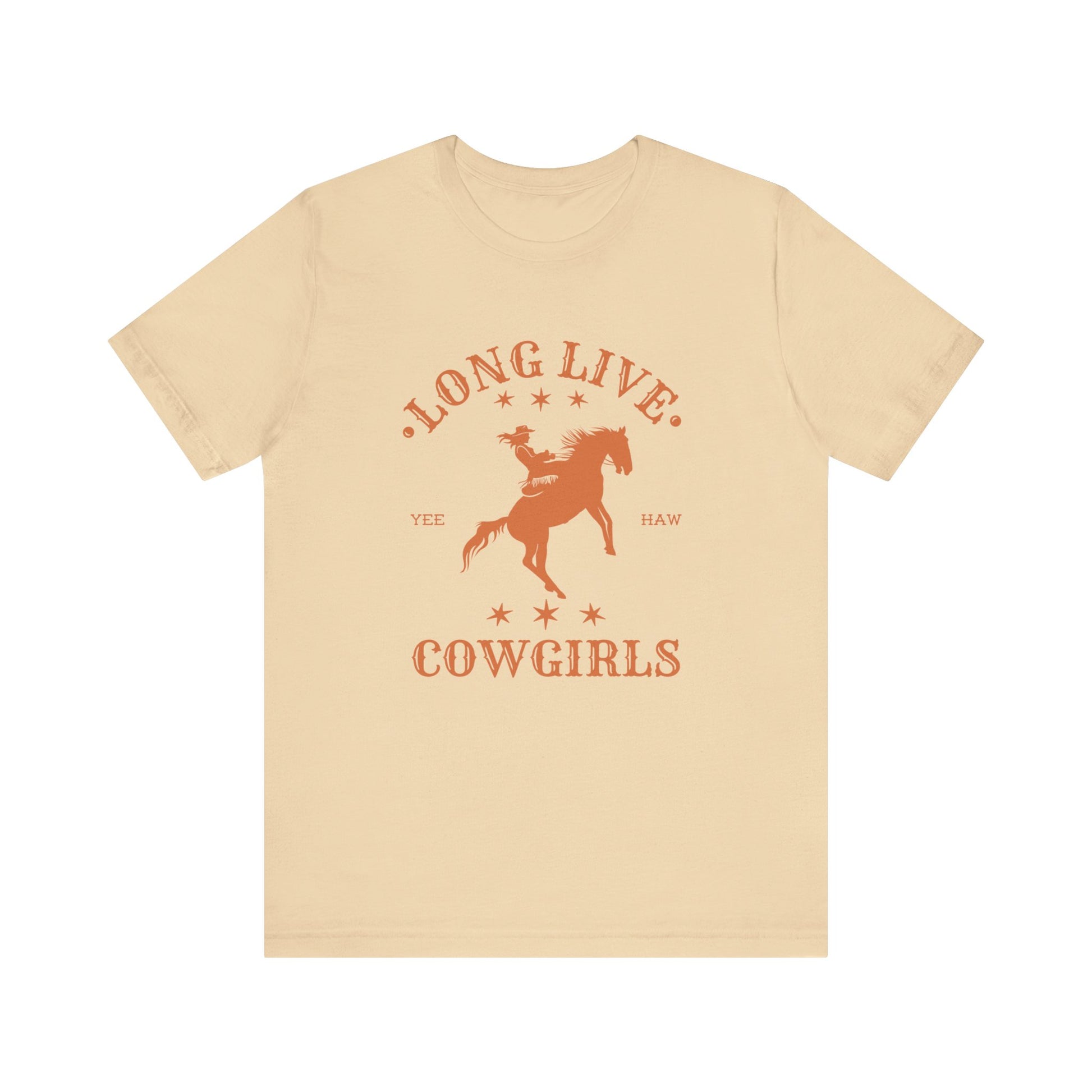 t-shirt with "long live cowgirls" and a cowgirl on a horse in the color soft cream