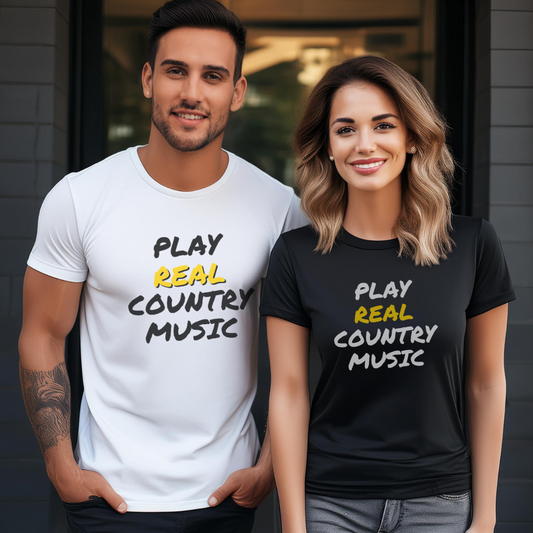 Man and woman wearing t-shirts that say "Play Real Country Music"