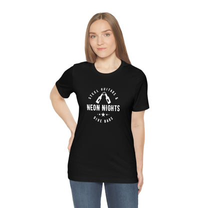 woman wearing Steel Guitars and Dive Bars Jersey Tee