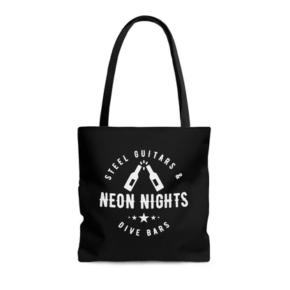 Black tote bag with "Steel Guitars and Dive Bars" in white text.